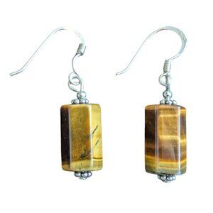 Tigers Eye Sterling Silver 925 Earrings hexagon Beads Dangle Natural Stone Hook